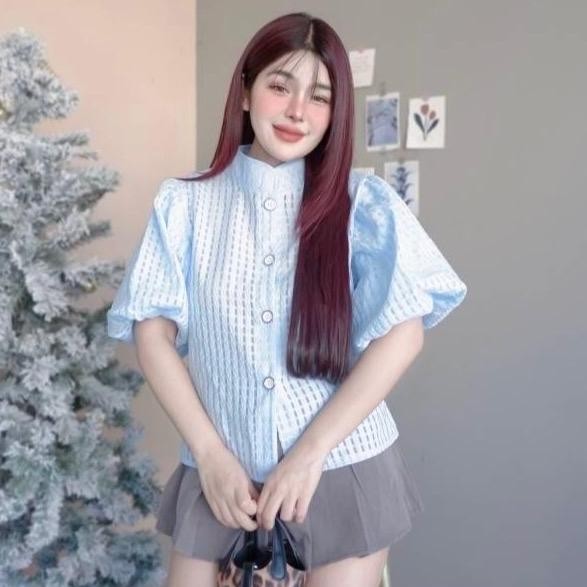 Promo BEVERLY BLOUSE LENGAN BALON HIGHNECK MOTIF SQUARE BANGKOK Atasan Wanita Lengan Balon Motif Kot