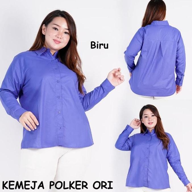 Promo Kemeja Wanita Jumbo Putih Polos Polker Baju Atasan Lengan Panjang COD