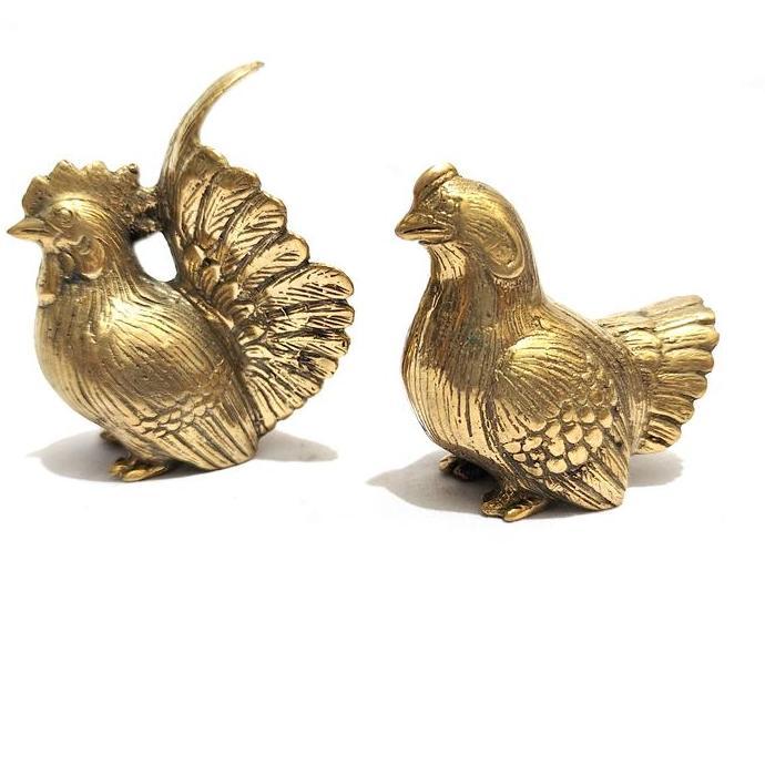 ] rooster brass vintage mini set| patung sepasang ayam gold kuningan