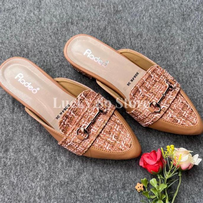 Grayu- Fladeo Sandal Selop Nita Heels 3Cm Variasi Brukat Belt Gold Modis Shoes