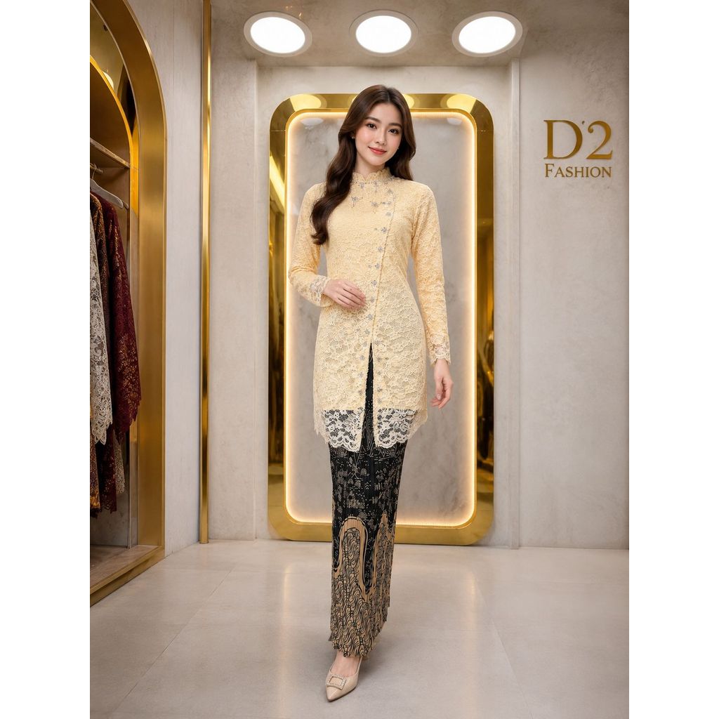 Kebaya Brokat Modern Wanita Kuning Butter Set Rok Lilit Batik Premium Payet Elegan Baju Kondangan Wi