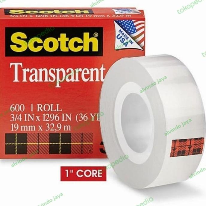 Domdom- 3M Scotch Transparent Tape 600 .3/4" X 36Yrd.Isolasi Bening Kantor