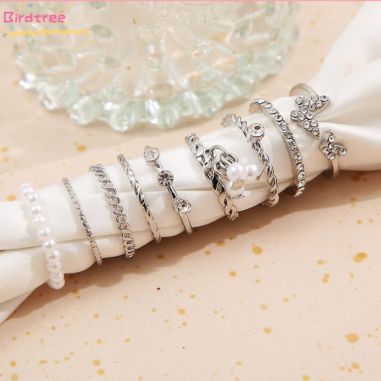 Murah Cod 9 Pcs Cincin Set Korea Fashion Mewah Mutiara Kristal Kupu-Kupu Berlian Tipis Berongga Prem