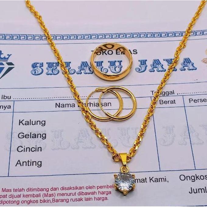 Relly- Set Perhiasan Nita Kalung Nuri Liontin Permata Free Cincin Dan Anting Berlapis Emas Muda