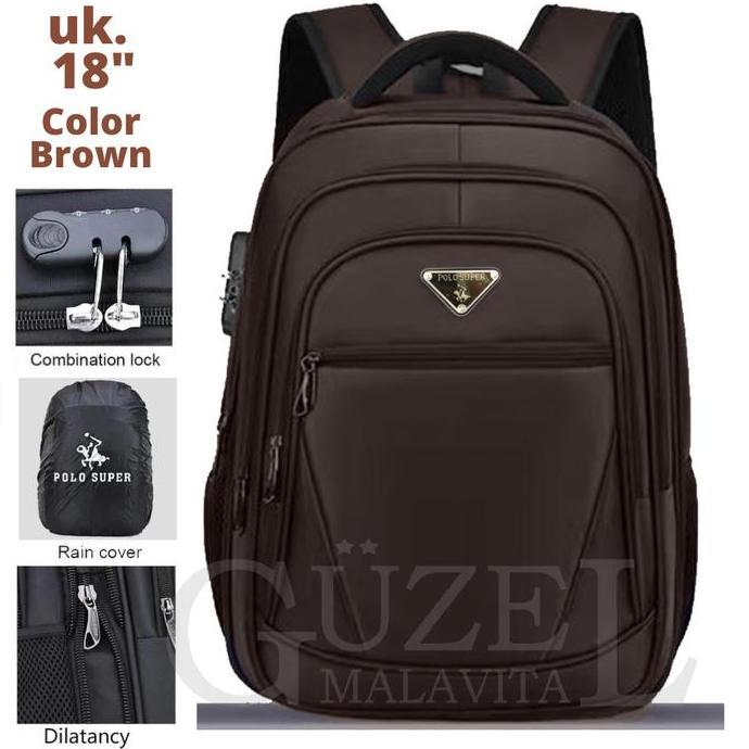 Tas Ransel Laptop Polo Super 18 Inchi Expandable Material Micro Viber Tebal Gratis Kunci Kombinasi +