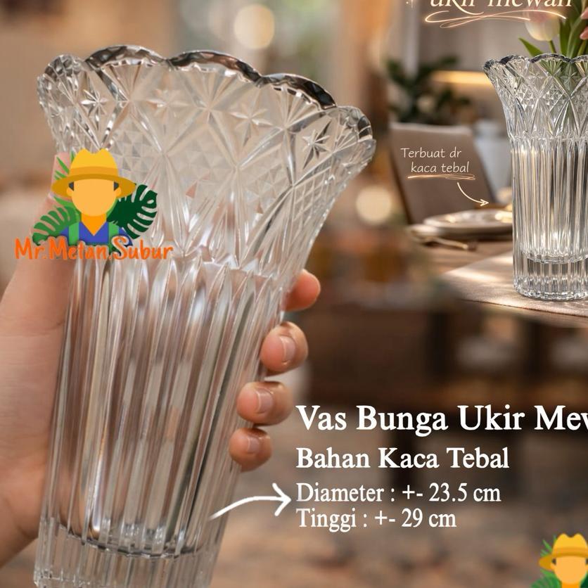 Vas Bunga Ukir Mewah Kaca Tebal | Vas Bunga Kaca Besar Elegan Dekorasi Rumah