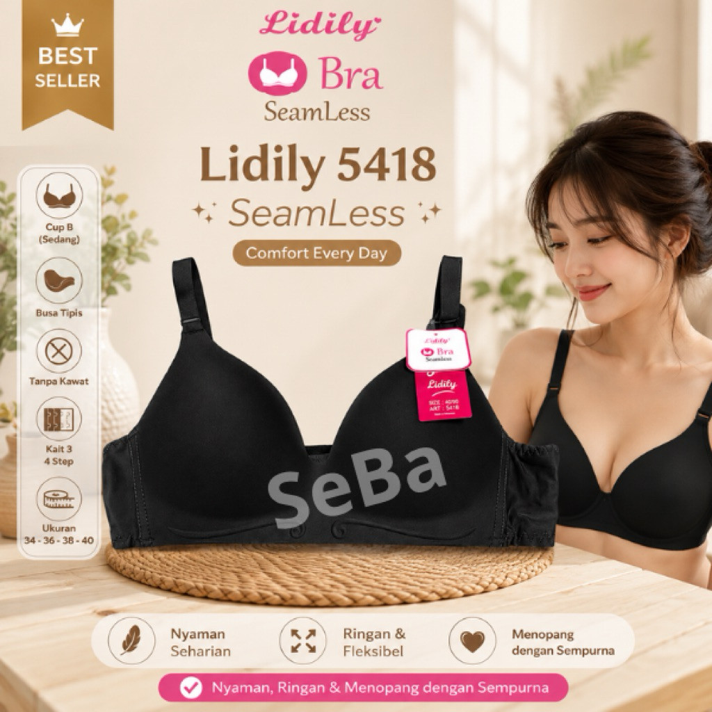 Bra Lidily 5418 Cup B / SeamLess Bra Cup Sedang Kait 3 / Bh Semless Lidily 34 - 40 Tanpa Kawat Busa 