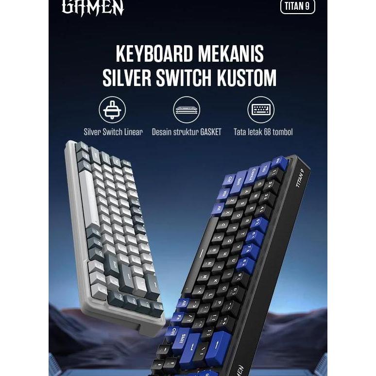 GAMEN Titan 9 Mechanical Keyboard 65% Hot-Swappable RGB Wired USB-C - Hitam/Biru, Putih/Abu