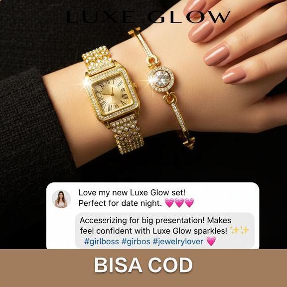Bans- Luxeglow Rna Emas Berkilauan Jam Tangan Elegan Jam Tangan Nita Anggun Tali Rantainita Set Gela