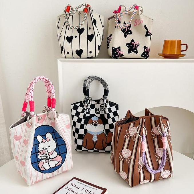 Knitted Tote Bag Premium Tas Rajut Wanita Bag Bangkok Korean Style Hand Bag Kekinian HSD