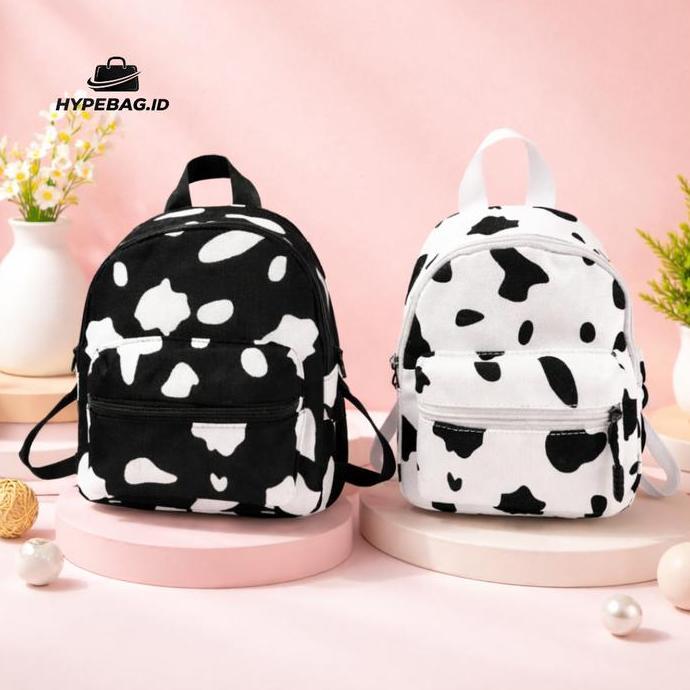 New Era Tas Ransel Backpack Mini Hitam Putih Motif Sapi Tas Ransel Modis Tas Slempang Remaja