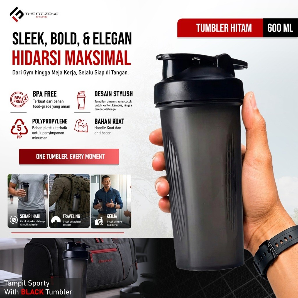 Tumbler Olahraga 600 ML Hitam Polos - Botol Minum Pelari Aesthetic | Shaker Fitness Gym Sepeda Tangg