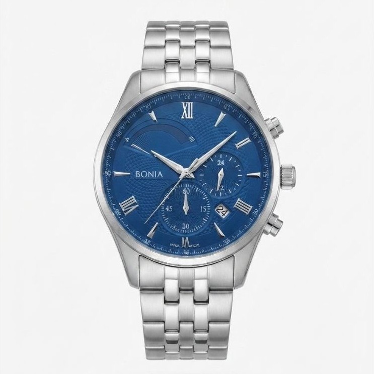 Jam tangan Bonia BNB10141-1383C Rantai Silver Dasar Biru Cowok Original