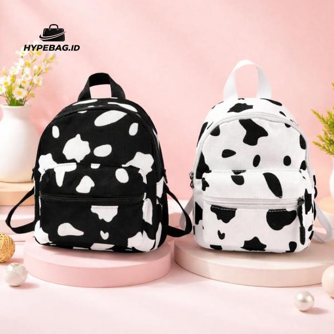 Tas Ransel Backpack Mini Hitam Putih Motif Sapi Tas Ransel Modis Tas Slempang Remaja