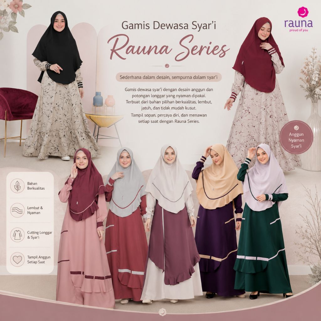 Promo Gamis Dewasa Syar'i Rauna Series Set Jilbab/ RK 180  Milo/ RK 181 Salem/ RK 183 Salem/RK 226 S