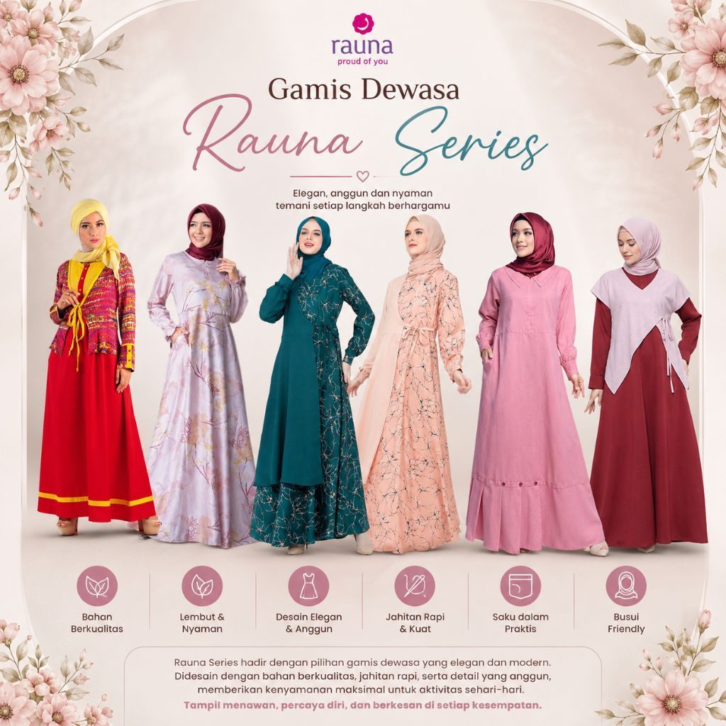 Promo Gamis Dewasa Rauna Series/ RK 09 kuning/ RK 74 Pink/ RK 148 pink/ RK 314 hijau/ RK 315 Salem