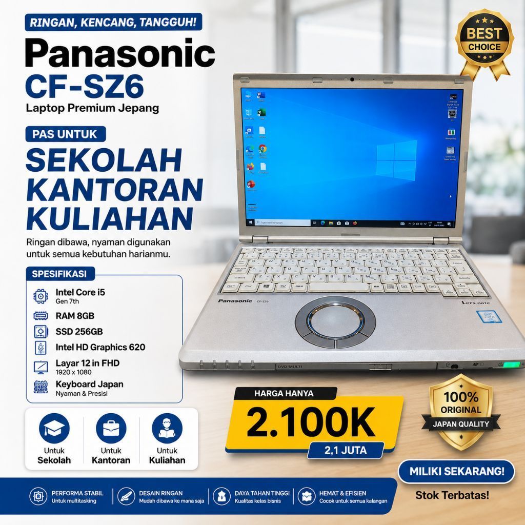 Laptop promo  Panasonic CF-SZ6Spek :Intel Ci5 Gen 7thRam 8Gb SSD 256GbIntel HD Graphic 620Layar 12in