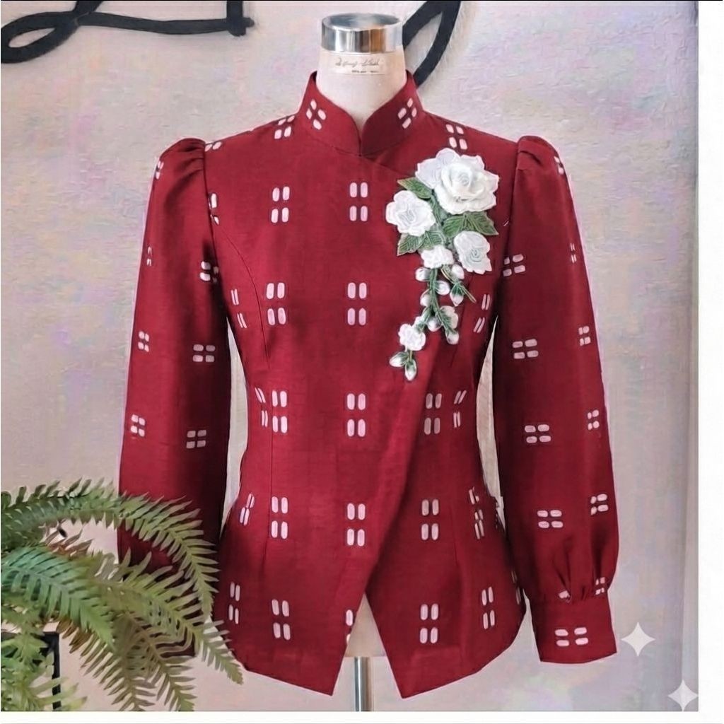 Blus batik Bordir Mawar Putih - Atasan Wanita - Baju kerja wanita