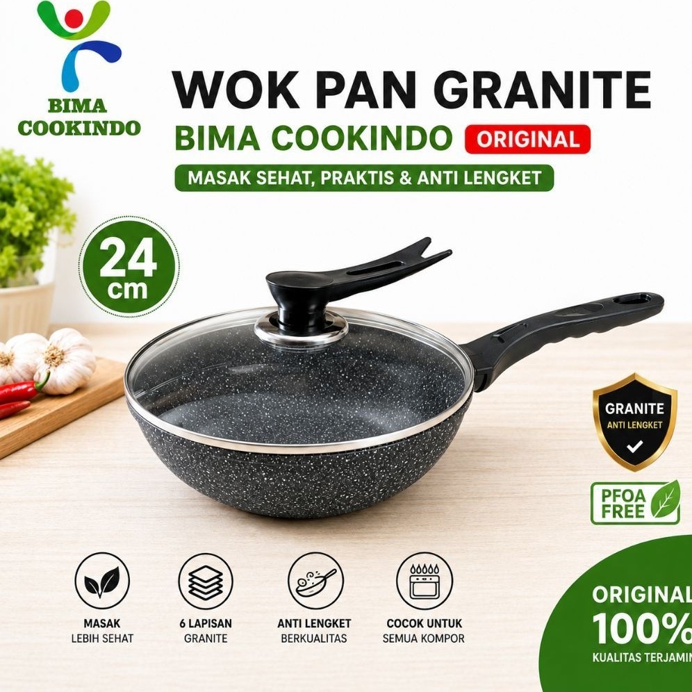 Wajan Anti Lengket Granite 24 cm BIMA COOKINDO Original Tutup Kaca | Fry Pan Wok Pan Non Stick