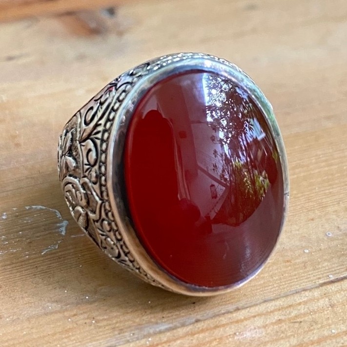Cincin Pria Batu Yaman Merah Ring Perak Asli Ukiran
