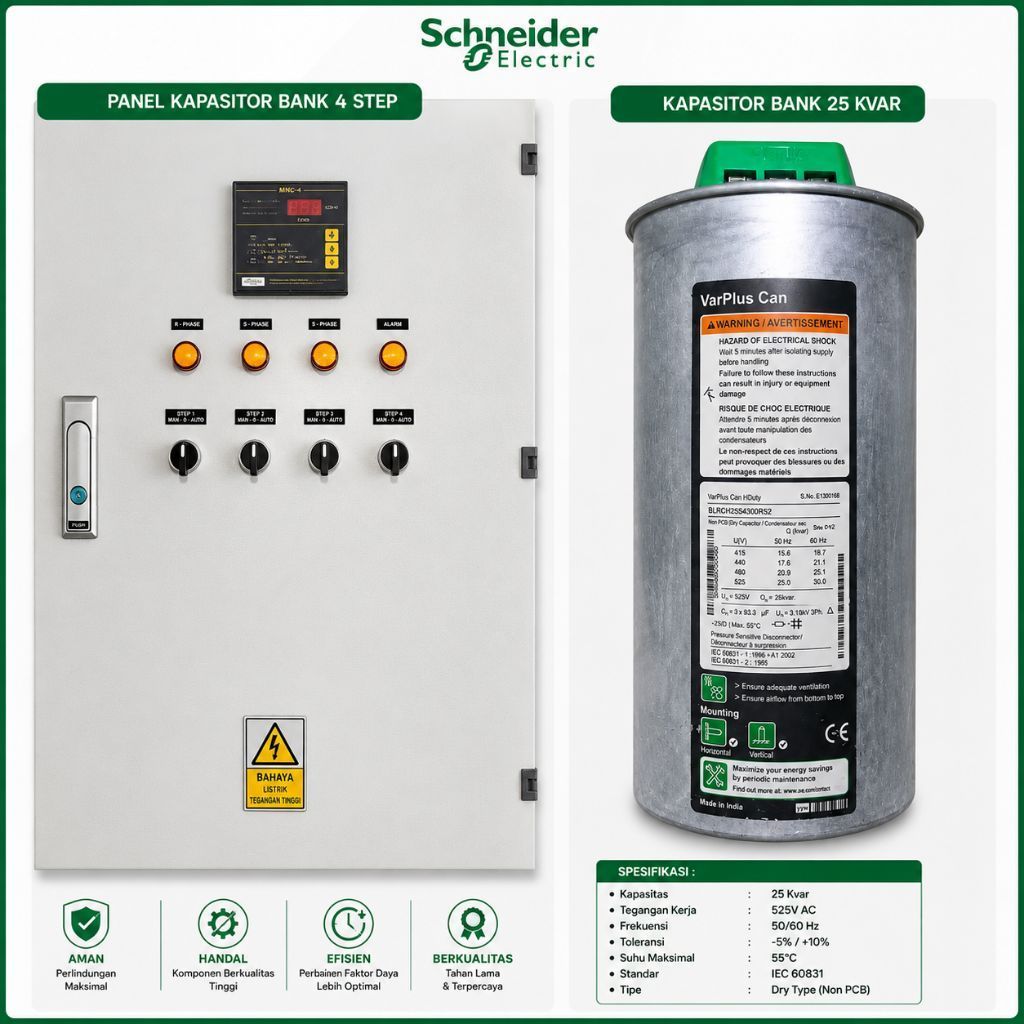 Panel Kapasitor Bank Otomatis 50 kVAr 4 Step | Schneider Electric | PFR ESTA | 3 Phase