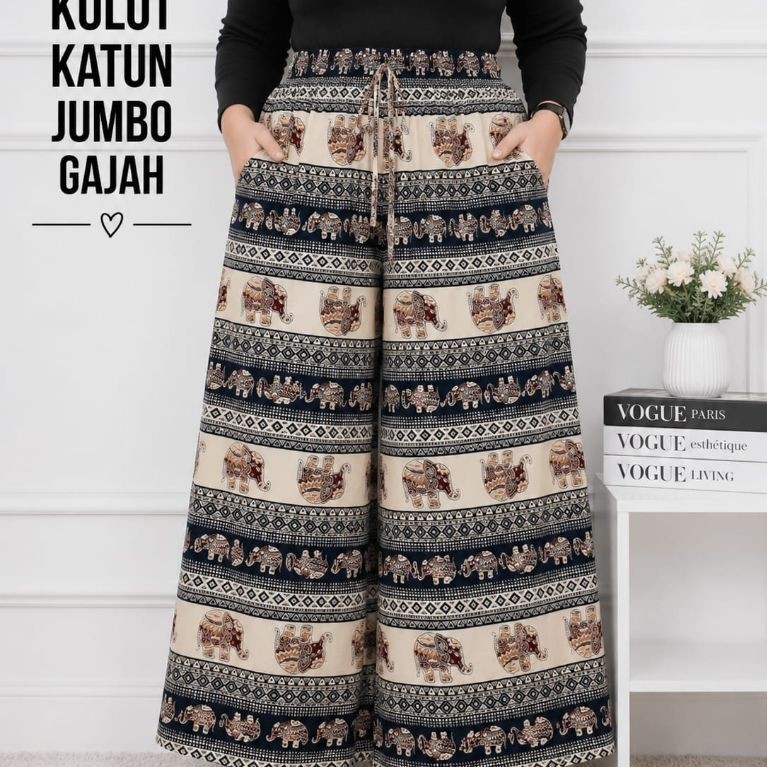 Celana Kulot Wanita Jumbo Rayon Motif Gajah Part 2 Kain Bali Nyaman Panjang - Gjh etnik hitam, Kulot