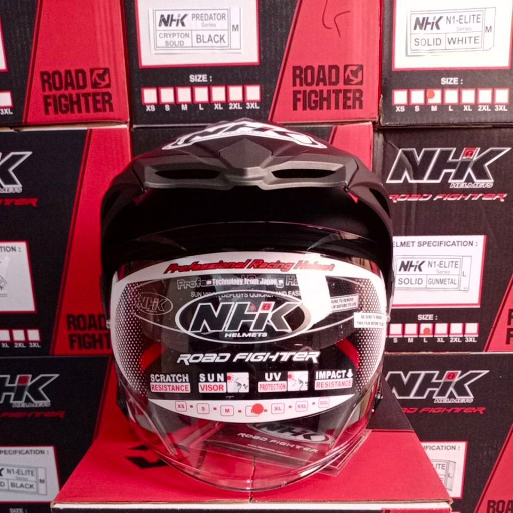 helm NHK PREDATOR series CRYPTON SOLID FLAT BLACK double visor.visor/topi. helm NHK half face SNI si