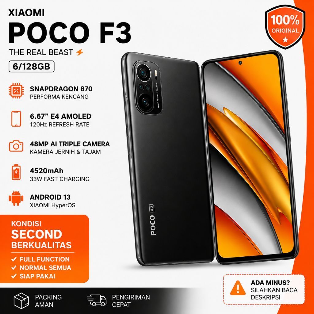 hp handphone smartphone second xiaomi poco f3 6/128 ram 8 rom 128 resmi indo warna biru batangan wif