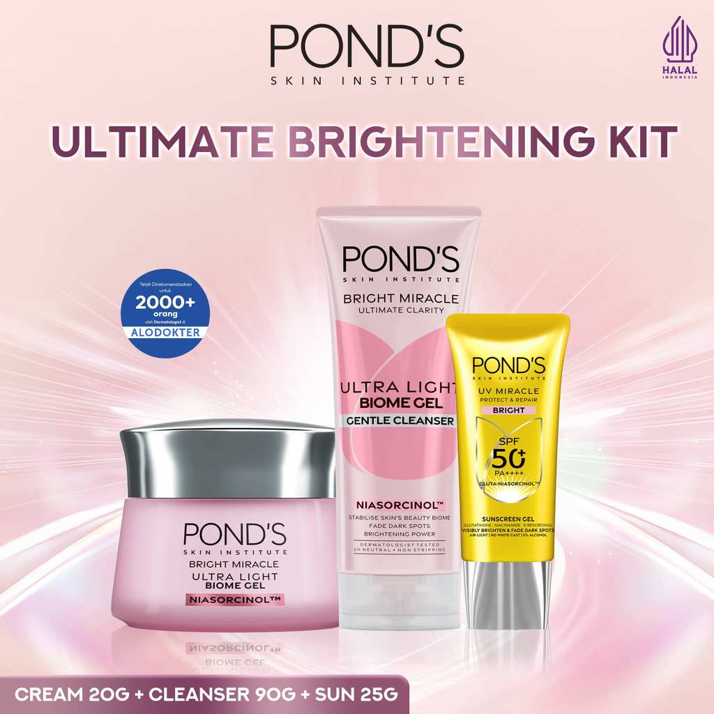 PORELESS & GLOWING SET | PONDS Basic Skincare Kit | BRIGHTENING SERIES | NIASORCINOL 100x Kemampuan 