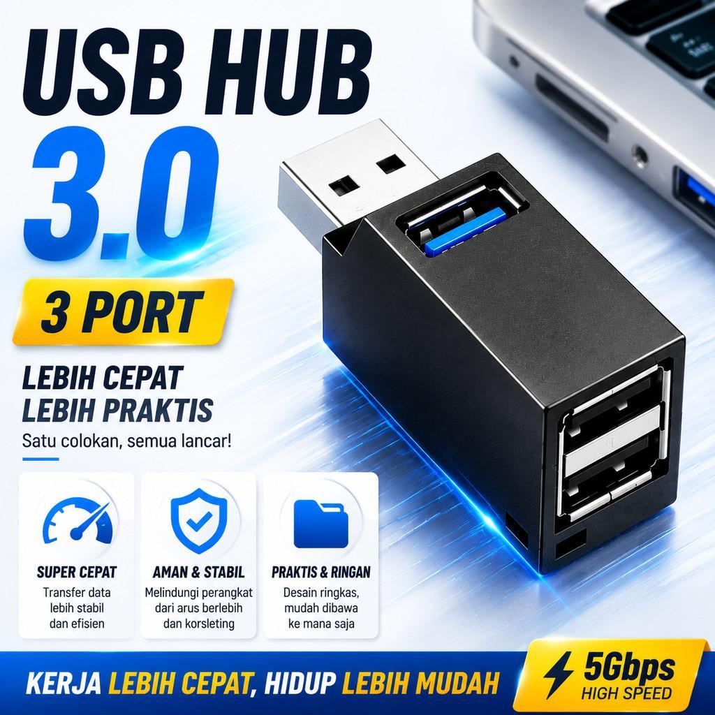 USB Hub 3.0 3 Port 5 Gbps High Speed T Colokan Cabang Lubang Ganda Komputer Laptop Mouse Keyboard Fl