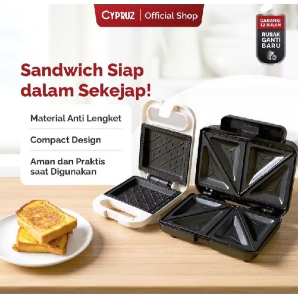 Cypruz Sandwich Maker Pemanggang Roti Anti Lengket Low Watt