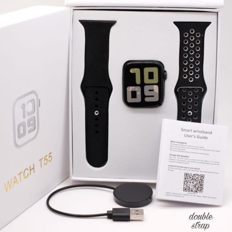 100% AMAN Smartwatch T55 Series Jam Tangan Pintar Pria Wanita + 2 Tali