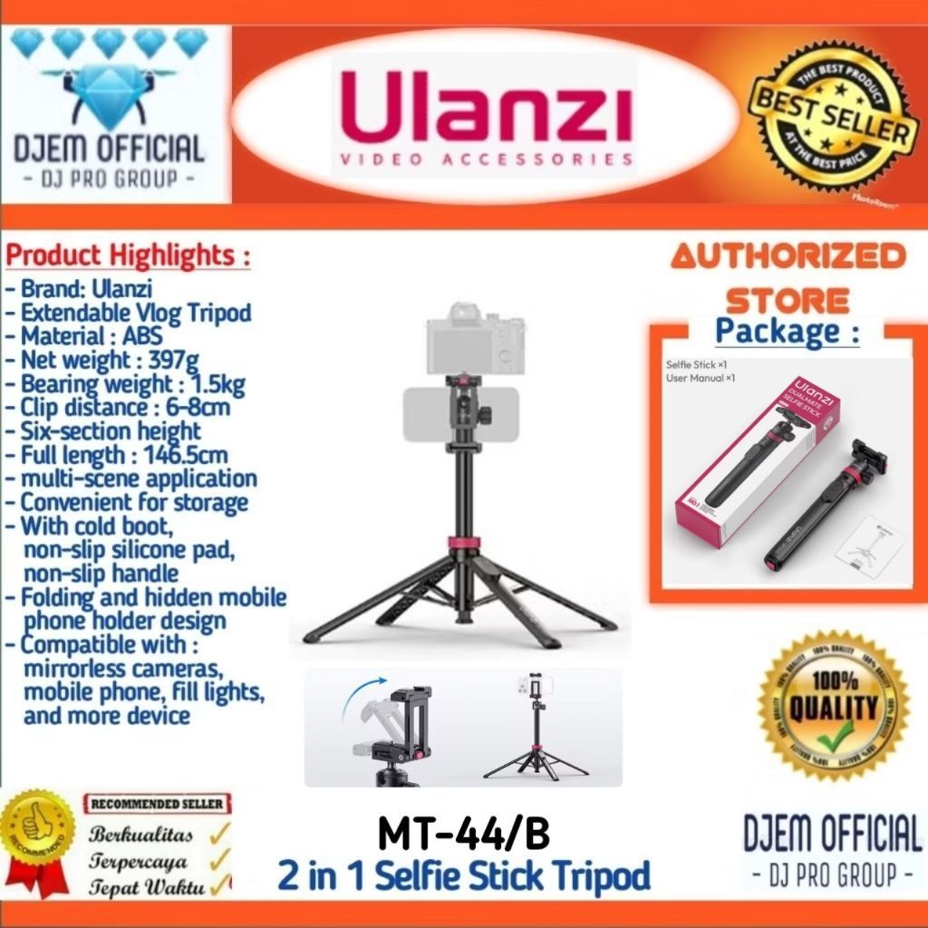 Ulanzi MT-44B / Ulanzi MT-44 Extendable Vlog Tripod Selfie Stick with 2in1 Ball Head Camera Holder C