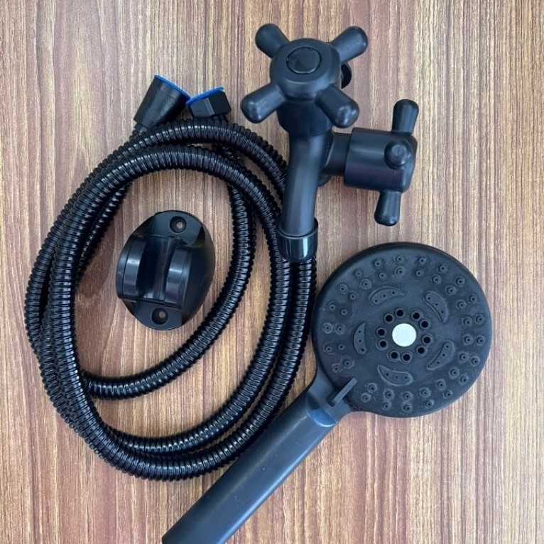 Hand shower bulat hitam set kran cabang, kram cabang baling
