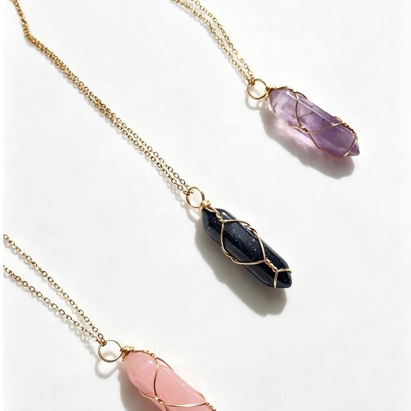 Vigella Crystal Necklace Gold | Natural Wire Wrapped Crystal / Gemstone Necklace [Kalung Batu Alam]