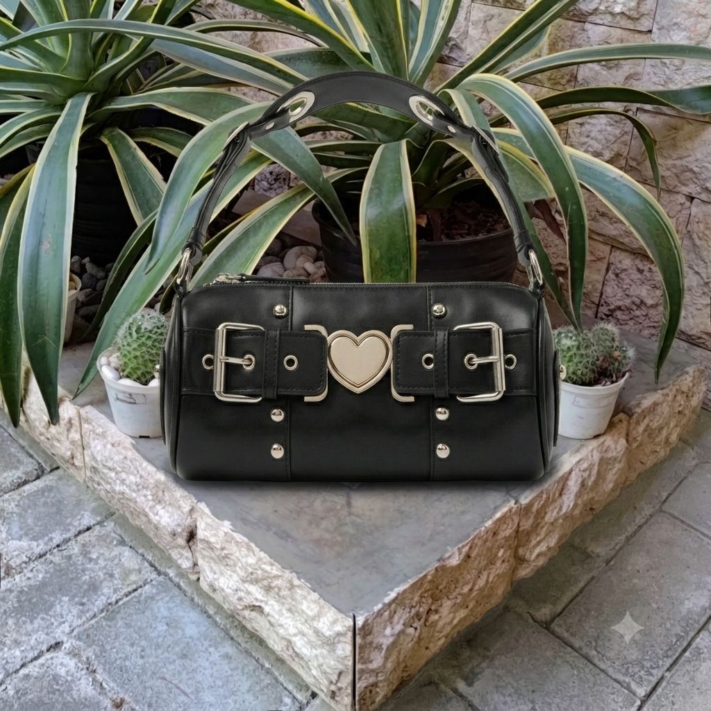 ASOS DESIGN Y2K SHOULDER BAG WITH HEART PLATE AND BUCKLE IN BLACK X VIVIENNE JUICY