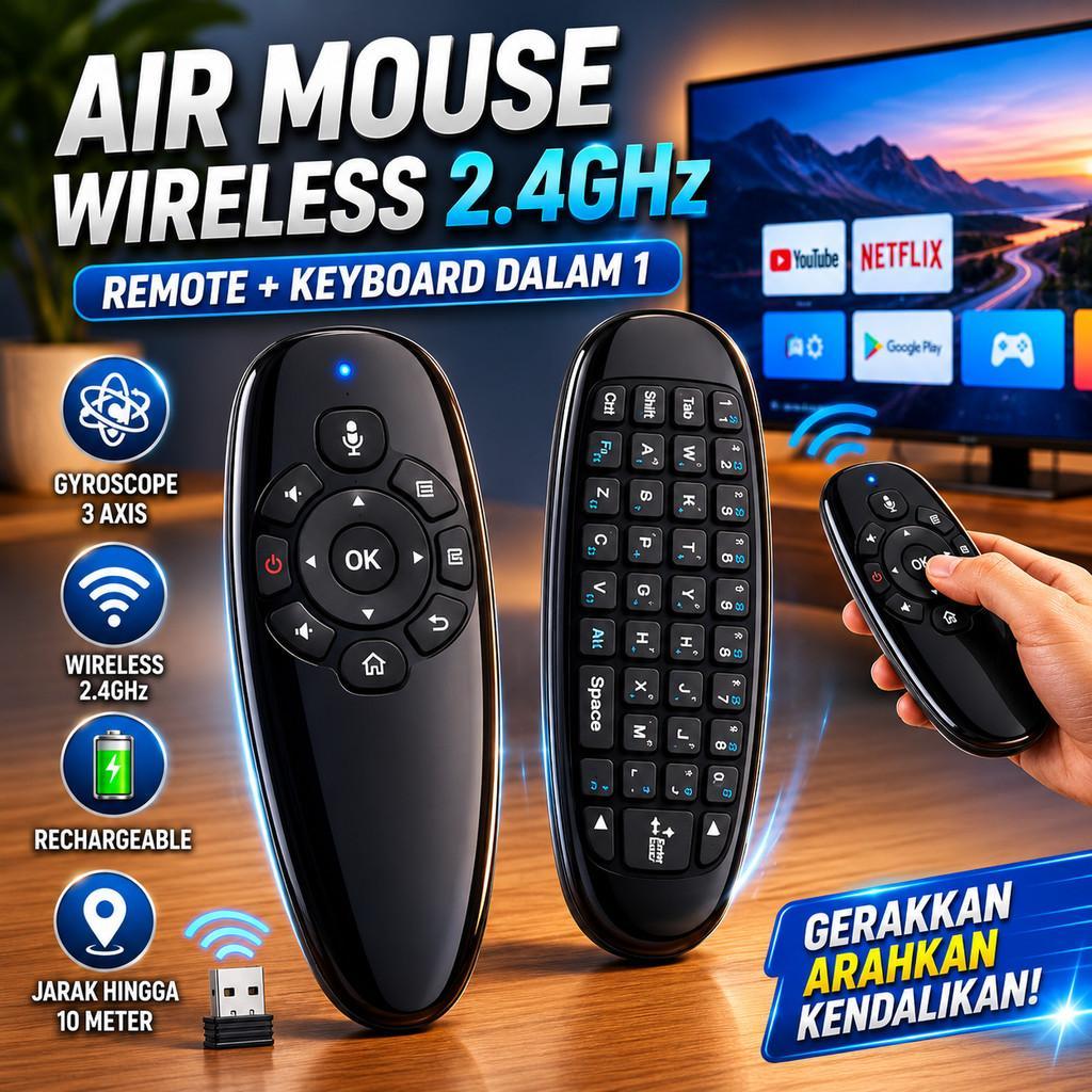 Air Mouse Wireless 2.4GHz 3 Axis Gyroscope Keyboard Remote Rechargeable Untuk Smart TV Android PC La