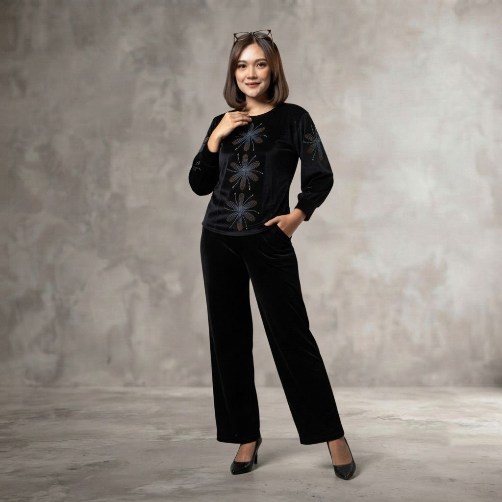 setelan wanita / setcel velvet bludru 3 bunga payet mote