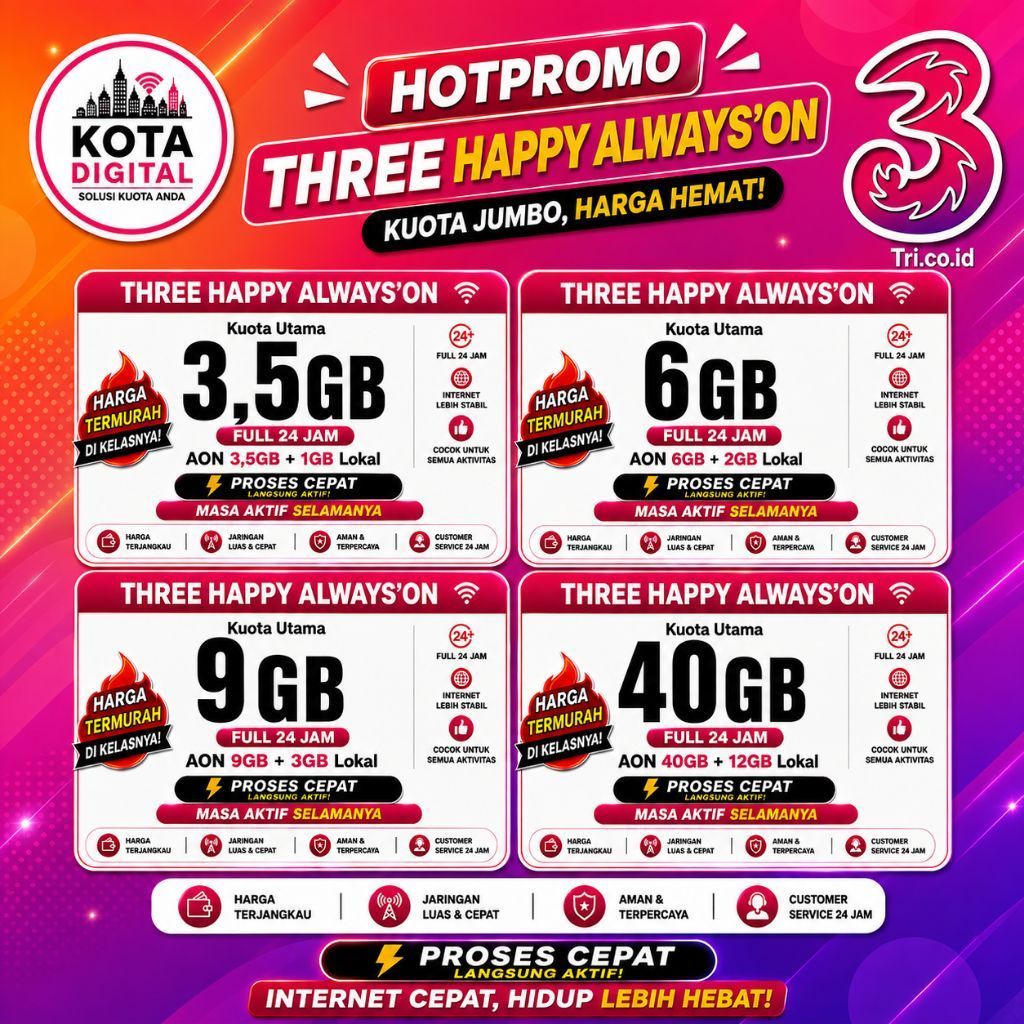 OPEN 24 JAM~ Isi Ulang Three happy Always'on Bulanan