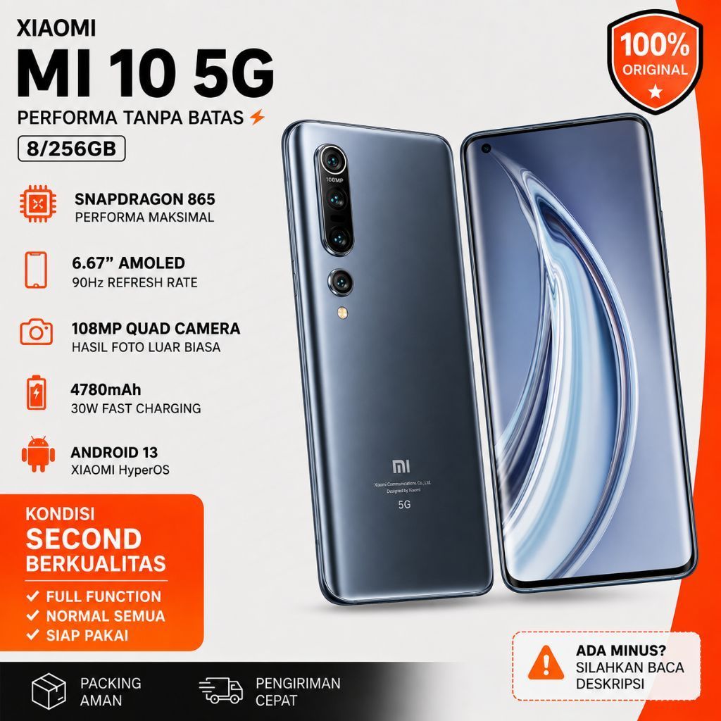 HP handphone smartphone Xiaomi Mi 10 5G 8/256GB second Snapdragon 865 AMOLED 6.67'' 108MP Quad Camer