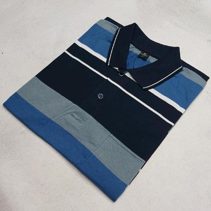 Baju Kaos Kerah Salur Pria Dewasa Motif Kerah Wangki Katun Salur Bapak Kantong Depan Lengan Pendek P