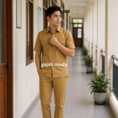 PREMIUM GAJAH MUDA SERAGAM PNS PEMDA PRIA WANITA BAJU PDH PEGAWAI NEGERI BAJU GURU PNS PEMDA KHAKI M