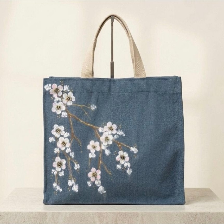 ​[HANDMADE] Tas Canvas Lukis Bunga Sakura / Tote Bag Kanvas Zip Lock Premium
