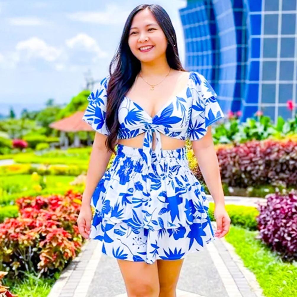 Setelan rok pantai Bali wanita serut tumpuk oneset