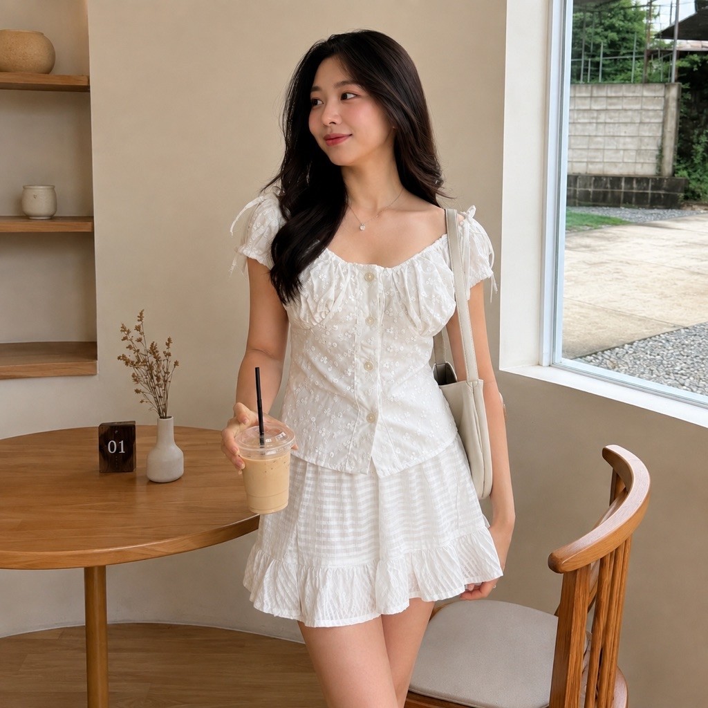 Pipo.id • Baju Atasan Wanita Terbaru Sabrina Bordir Bunga Putih | Blouse Puff Sleeve | Crop Top Casu