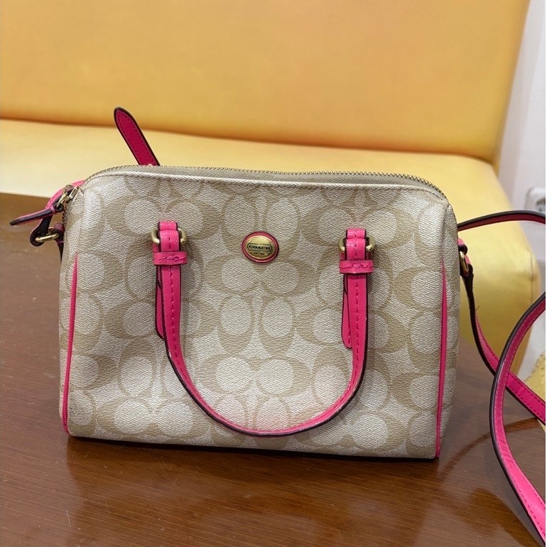 Coach Peyton Signature Bennett Mini Satchel in khaki with pink leather trim