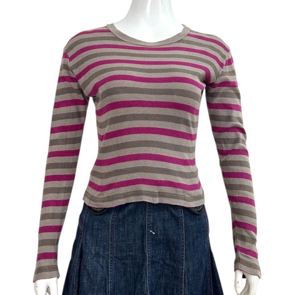 Agnes b. Paris Stripe Long Sleeve Tee Wanita Y2K Pink Grey Made in Japan