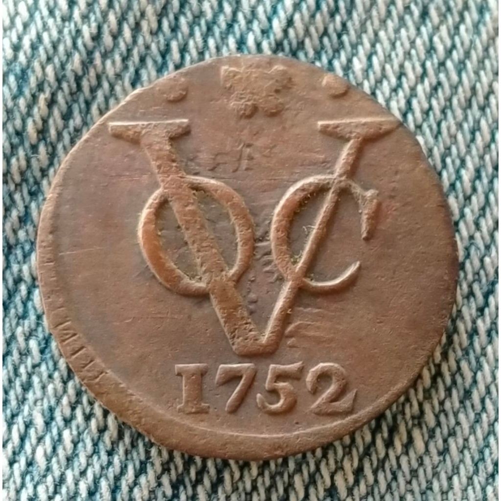 Koin Kuno VOC 1752 Holland 1 Duit variasi Dot bunga Zaman belanda