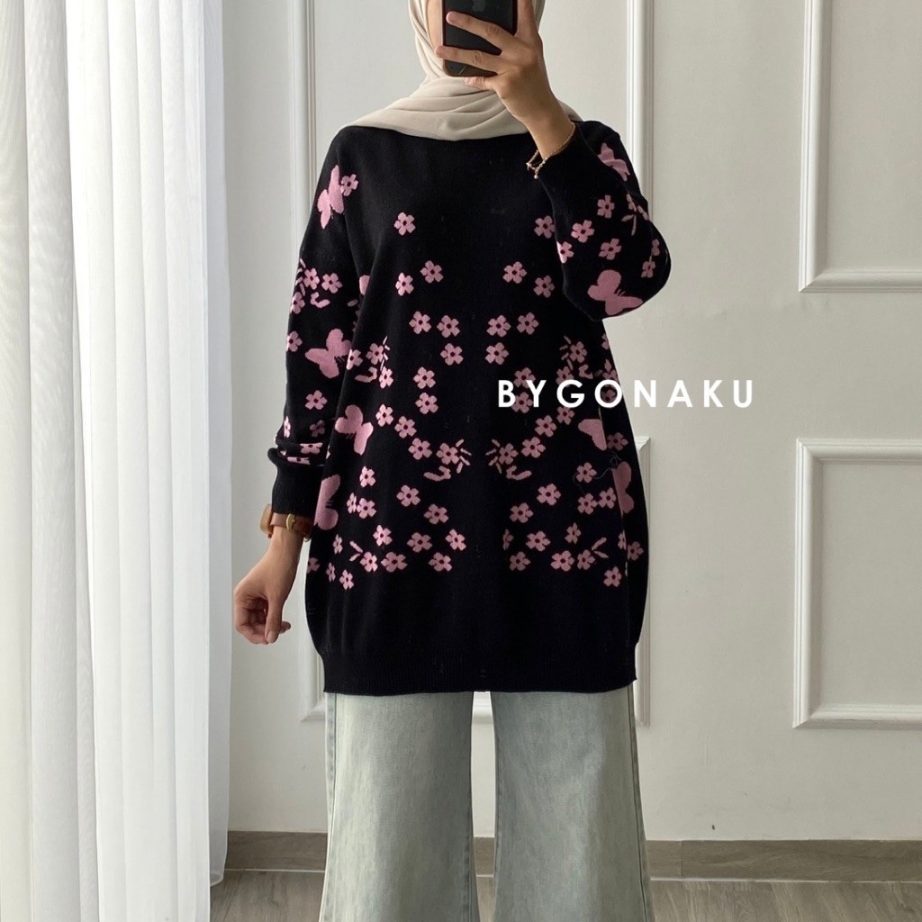 Bygonaku Zee Knit Blouse | Blouse Oversized| Atasan Wanita Bunga | Korean Style