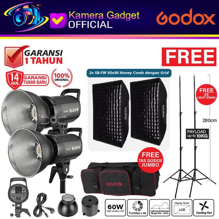 Paket 2 Lampu Godox SL60W / SL-60W / SL 60 W Studio LED Video Continuous Light 2x Softbox + 2x Light